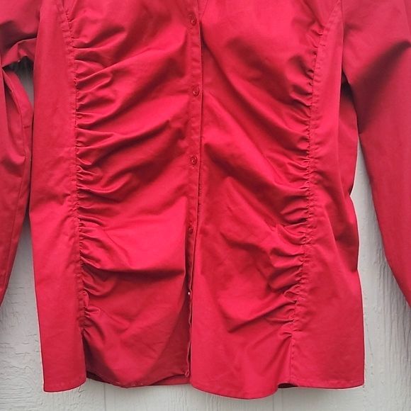 ALLISON MORGAN Red Long Sleeved Collared Button Up Shirt size S Ruching - Picture 3 of 11